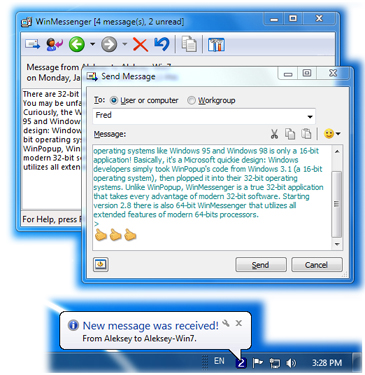 WinMessenger’s main window in Windows 7. It is a Messenger service and net send for Windows 7.